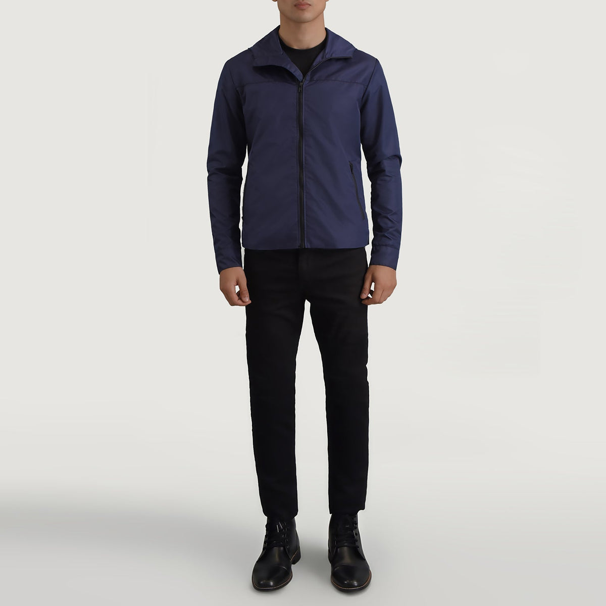 
Wesley Blå Hooded Windbreaker Læderjakke til Mænd - Sideprofil med ergonomisk ærmesnit