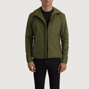 
Wesley Grøn Hooded Windbreaker Læderjakke til Mænd in Green Full-Grain Leather - Forfra med skræddersyet silhuet | Køb online