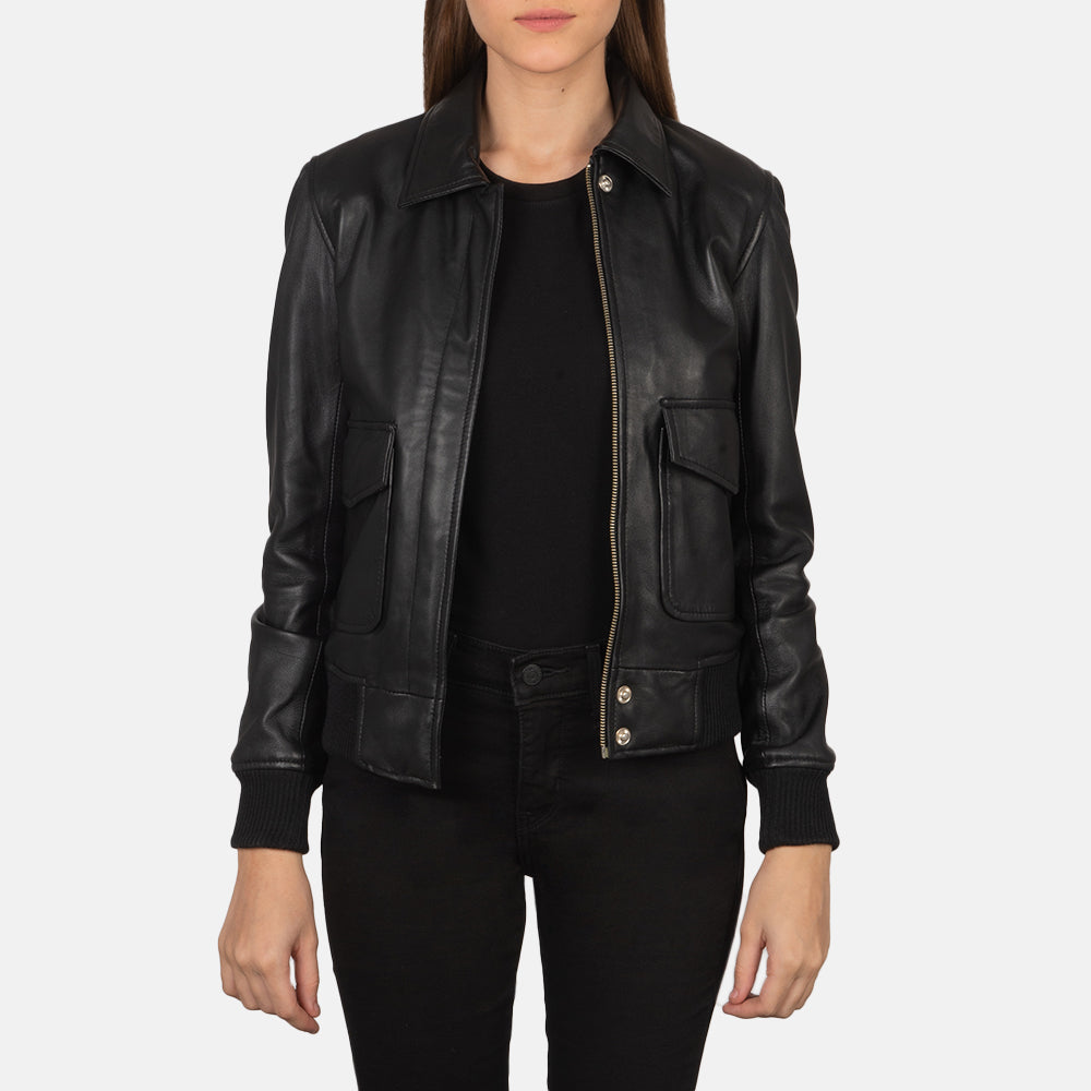 
Westa A-2 Black Leather Bomber Jacket in Black Sheepskin Leather - Forfra med skræddersyet silhuet | Køb online
