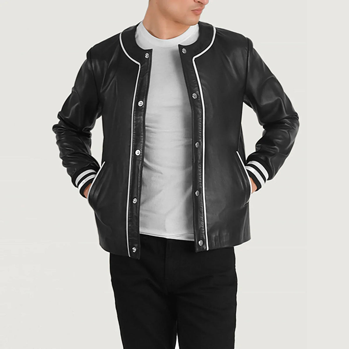 Willis Black Leather Varsity Jacket in Black Sheepskin Leather - Front Profile View &amp; Tailored Silhouette | Buy Online