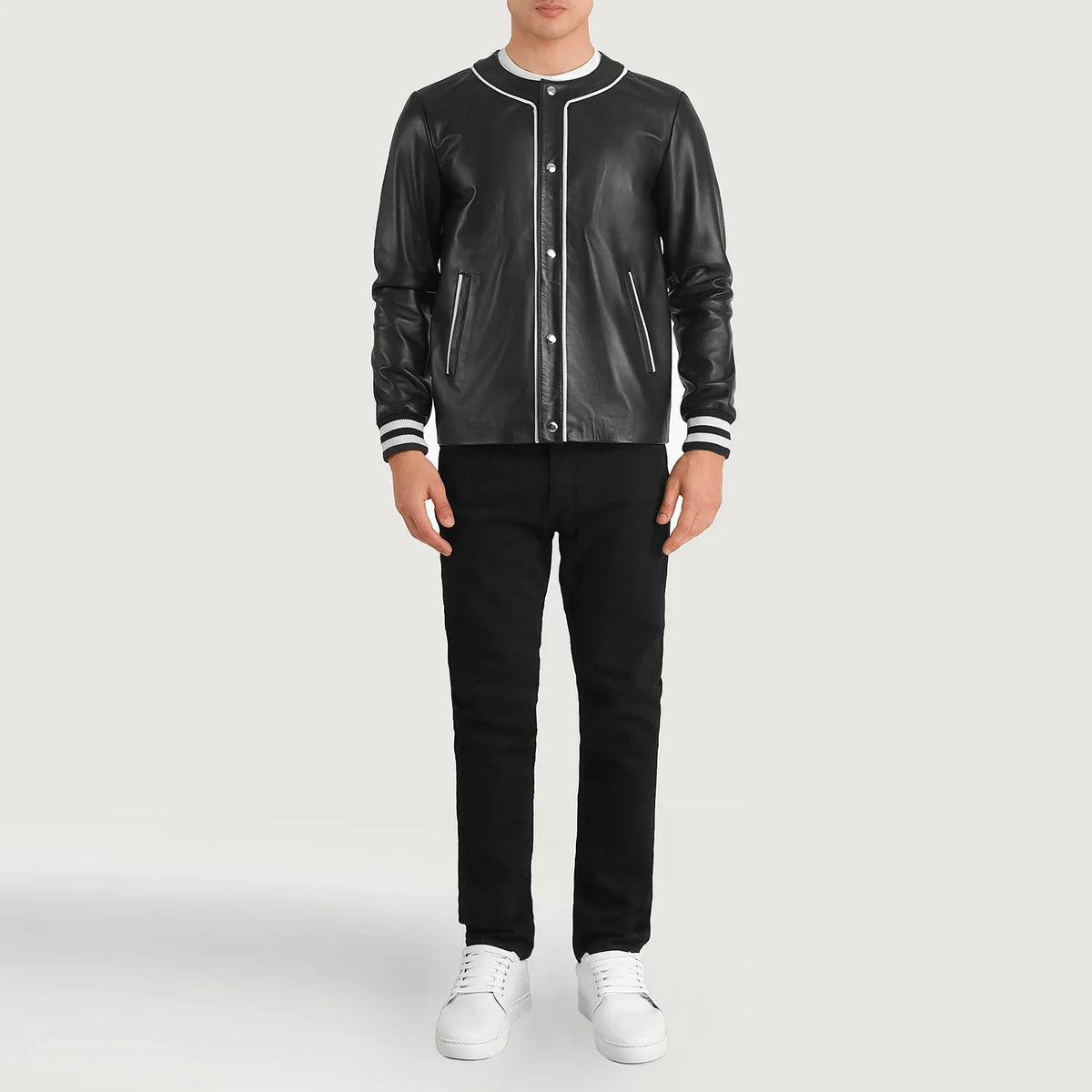 Willis Black Leather Varsity Jacket - Lateral Side Profile View Showing Sleeve Cut &amp; Athletic Taper Fit