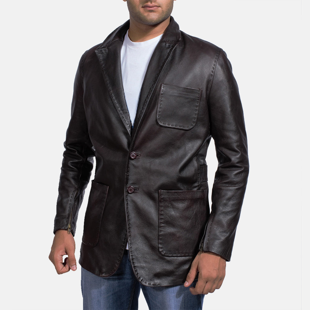 Men's Wine Sort Leather Blazer til Mænd in Dark Brown Cow Hide Leather - Front Profile View &amp; Tailored Silhouette | Buy Online