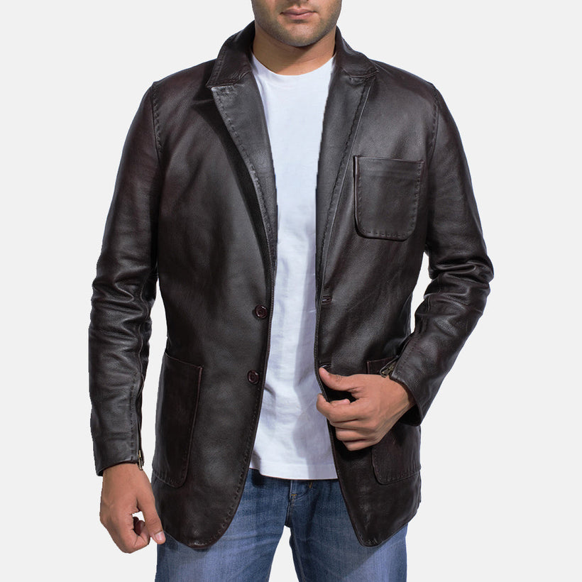 Wine Sort Leather Blazer til Mænd