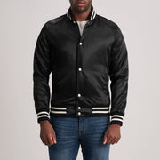 Xander Sort Varsity Læderjakke til Mænd in Black Satin - Front Profile View &amp; Tailored Silhouette | Buy Online