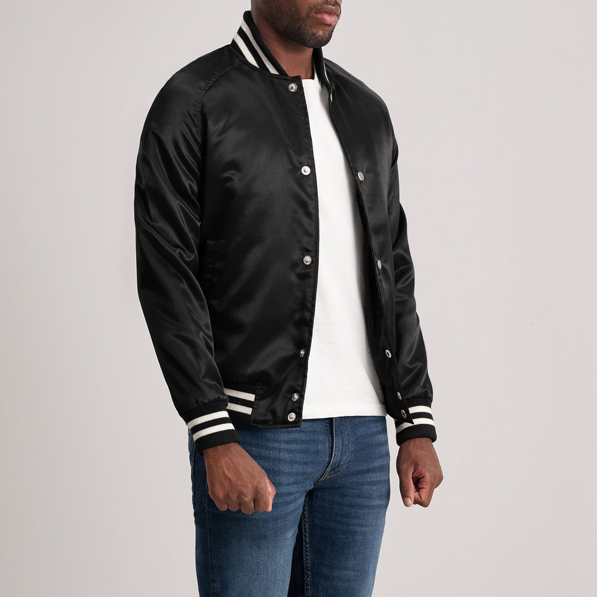 Black Satin Varsity Jacket - Back View Showing Tailored Shoulder Fit &amp; Clean Hemline