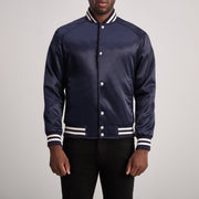 Xander Blue Varsity Læderjakke til Mænd in Blue Satin - Front Profile View &amp; Tailored Silhouette | Buy Online