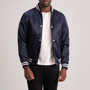 Xander Blue Varsity Læderjakke til Mænd - Lateral Side Profile View Showing Sleeve Cut &amp; Athletic Taper Fit