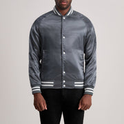Xander Grey Varsity Læderjakke til Mænd in Grey Satin - Front Profile View &amp; Tailored Silhouette | Buy Online