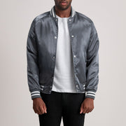 Xander Grey Varsity Læderjakke til Mænd - Lateral Side Profile View Showing Sleeve Cut &amp; Athletic Taper Fit
