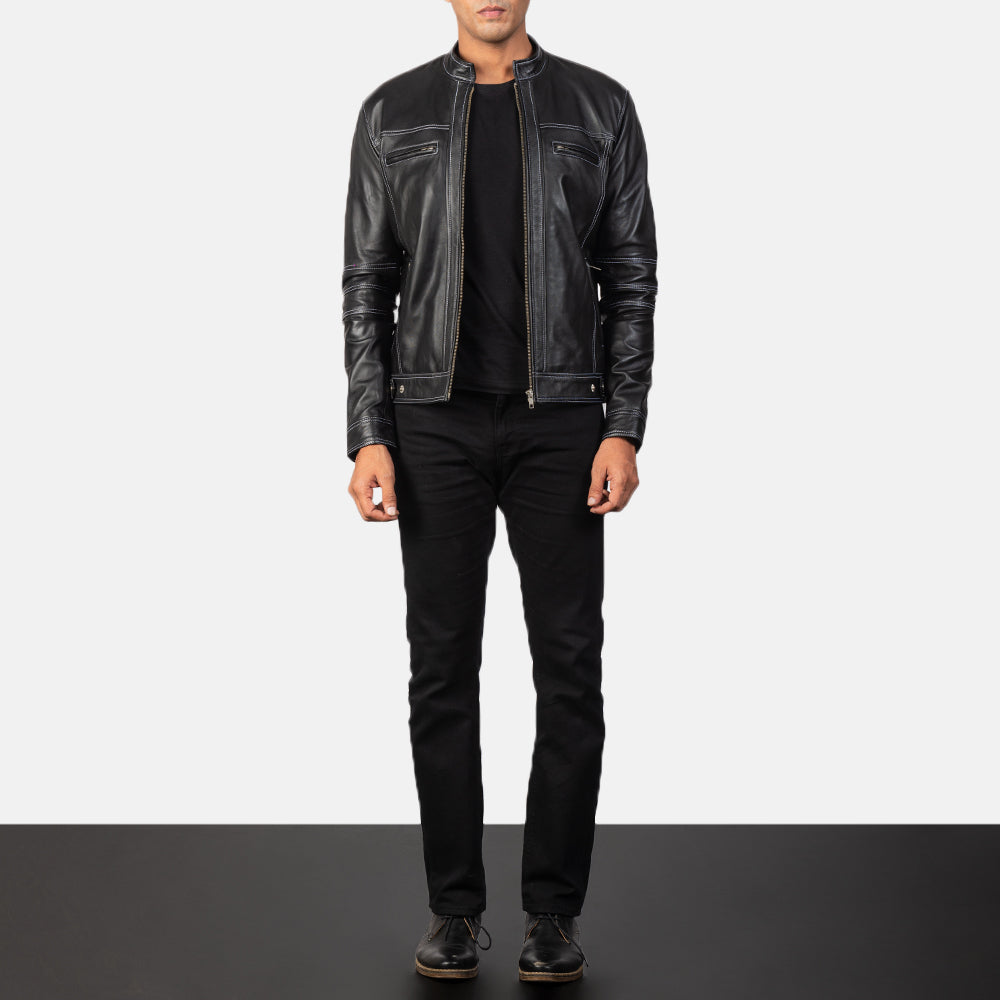Youngster Distressed Black Leather Jacket - Lateral Side Profile View Showing Sleeve Cut &amp; Athletic Taper Fit