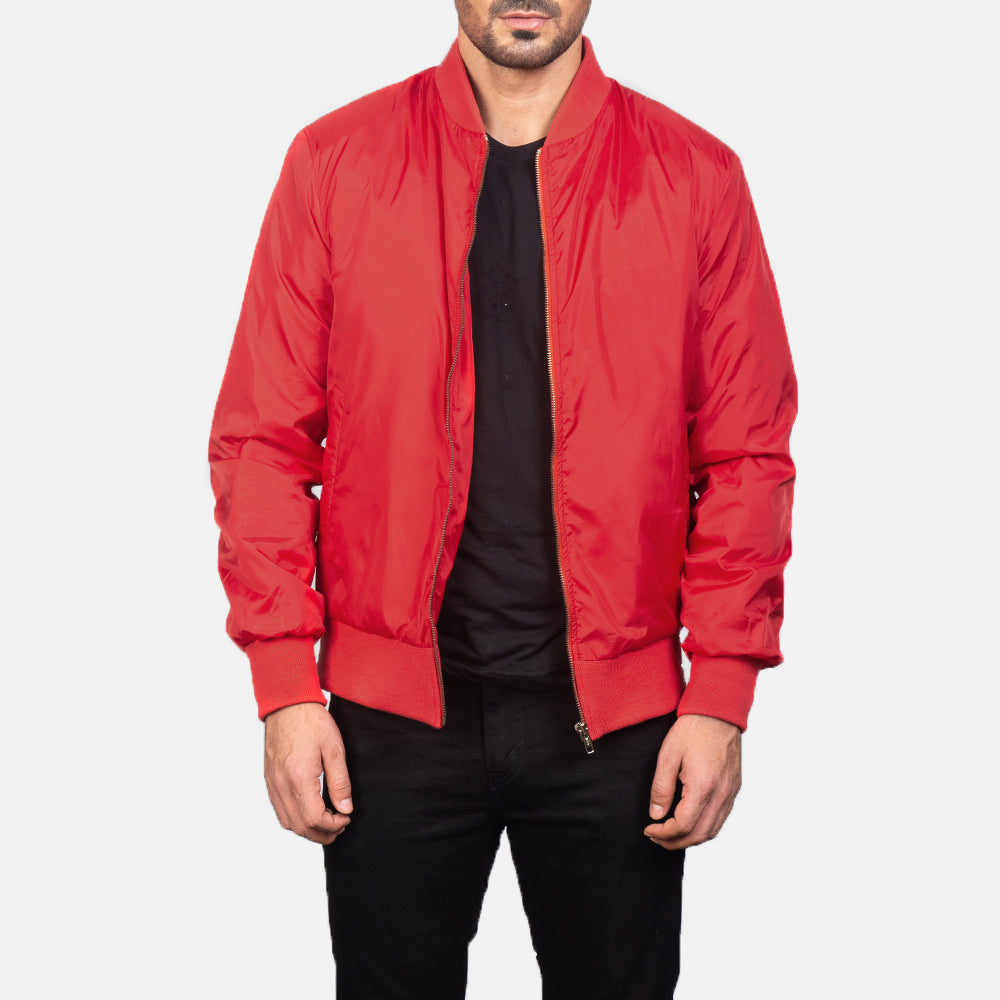 Men's Zack Red Læder Bomberjakke til Mænd in Red Nylon - Front Profile View &amp; Tailored Silhouette | Buy Online
