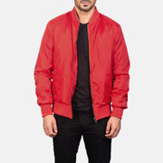Men's Zack Red Læder Bomberjakke til Mænd in Red Nylon - Front Profile View &amp; Tailored Silhouette | Buy Online