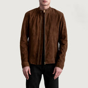 Zen Brun Suede Læder Bikerjakke til Mænd in Brown Goatskin Suede - Front Profile View &amp; Tailored Silhouette | Buy Online