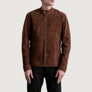 Zen Brun Suede Læder Bikerjakke til Mænd - Lateral Side Profile View Showing Sleeve Cut &amp; Athletic Taper Fit
