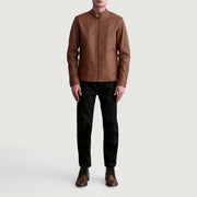 Close-Up Detail of Snap Button &amp; Zipper Hardware on Zen Matte Brun Læder Bikerjakke til Mænd