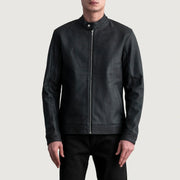 Zen Tumbled Sort Læder Bikerjakke til Mænd in Tumbled Black Sheepskin Leather - Front Profile View &amp; Tailored Silhouette | Buy Online