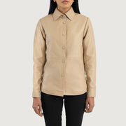 Close-Up Detail of Shirt &amp; Leather Buttons Hardware on Women's Zenith Beige Leather Shirt Jacket